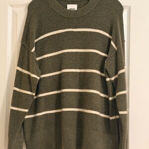 Aerie Olive and Cream Striped Crewneck Sweater